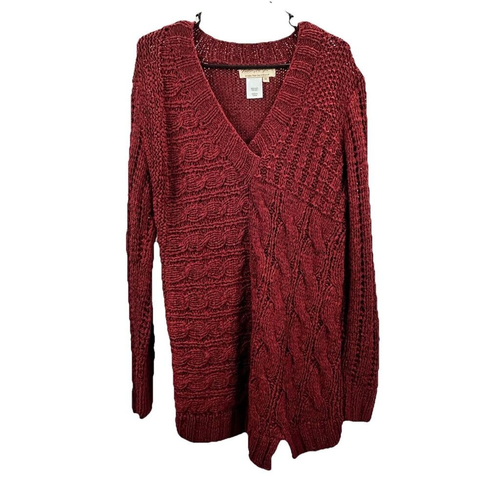 Norm Thompson Sweater Medium Open Knit Burgundy Red Textured Long Sleeve Holiday